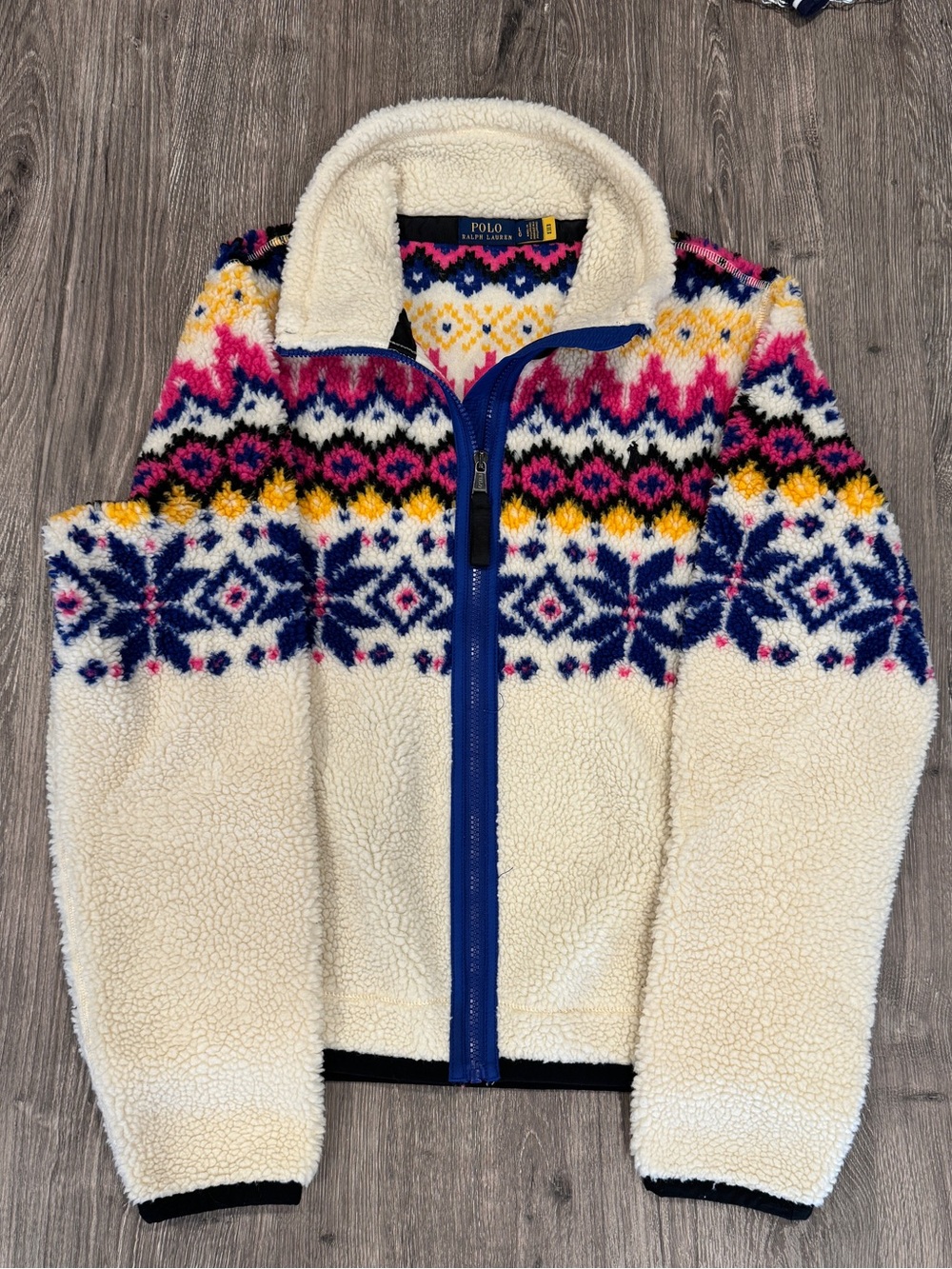 Polo Ralph Lauren Cream Sherpa Zip Jacket with Navy & Pink Fair Isle SIZE LARGE